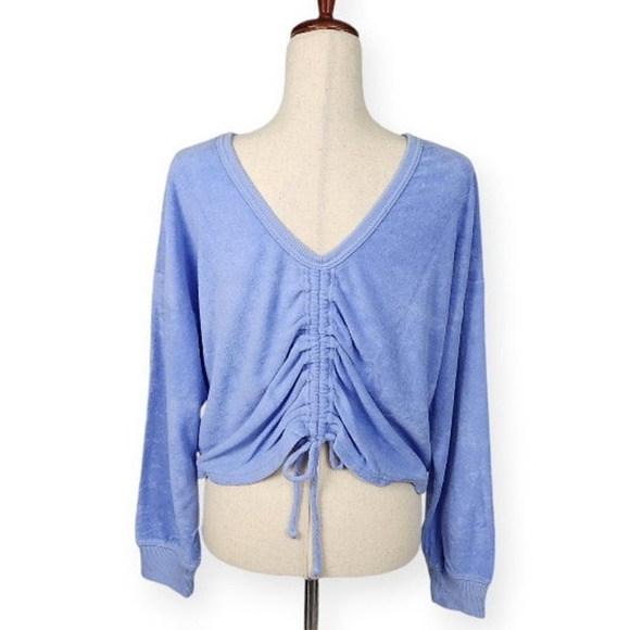 Aerie Cinched Terry Cloth Sweatshirt Relaxed V-back Blue Women's Size Medium New - Picture 3 of 10